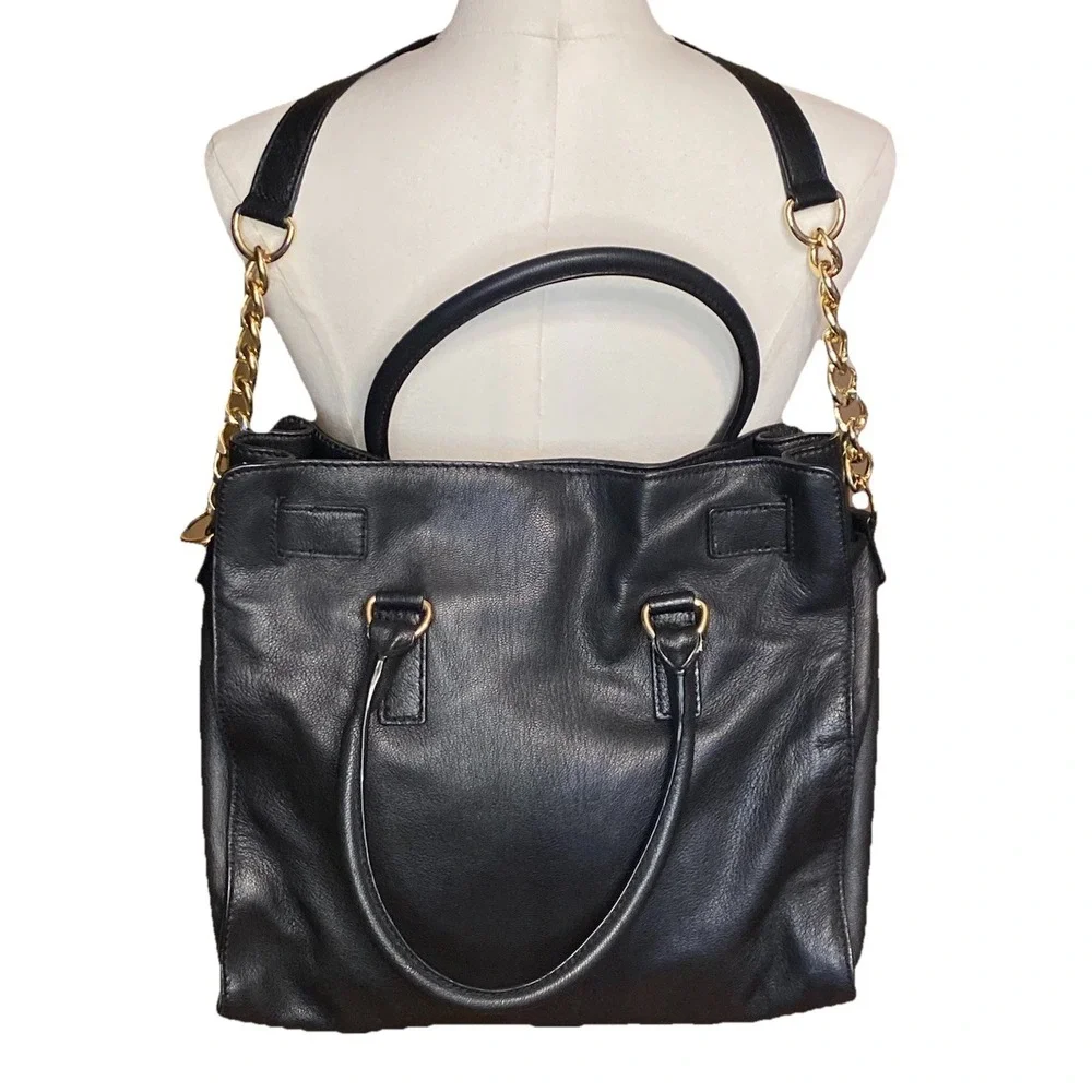 Michael Kors black leather handbag Gold Chain Handle Multi Pockets Dust bag